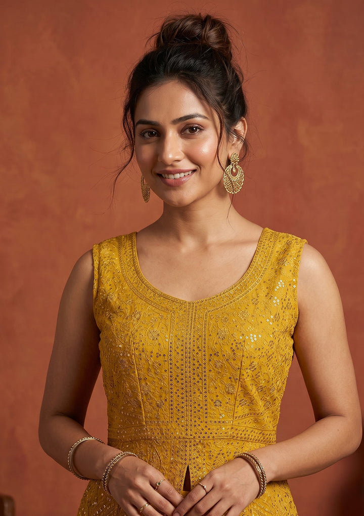 Mustard Threadwork Georgette Readymade Salwar Suit