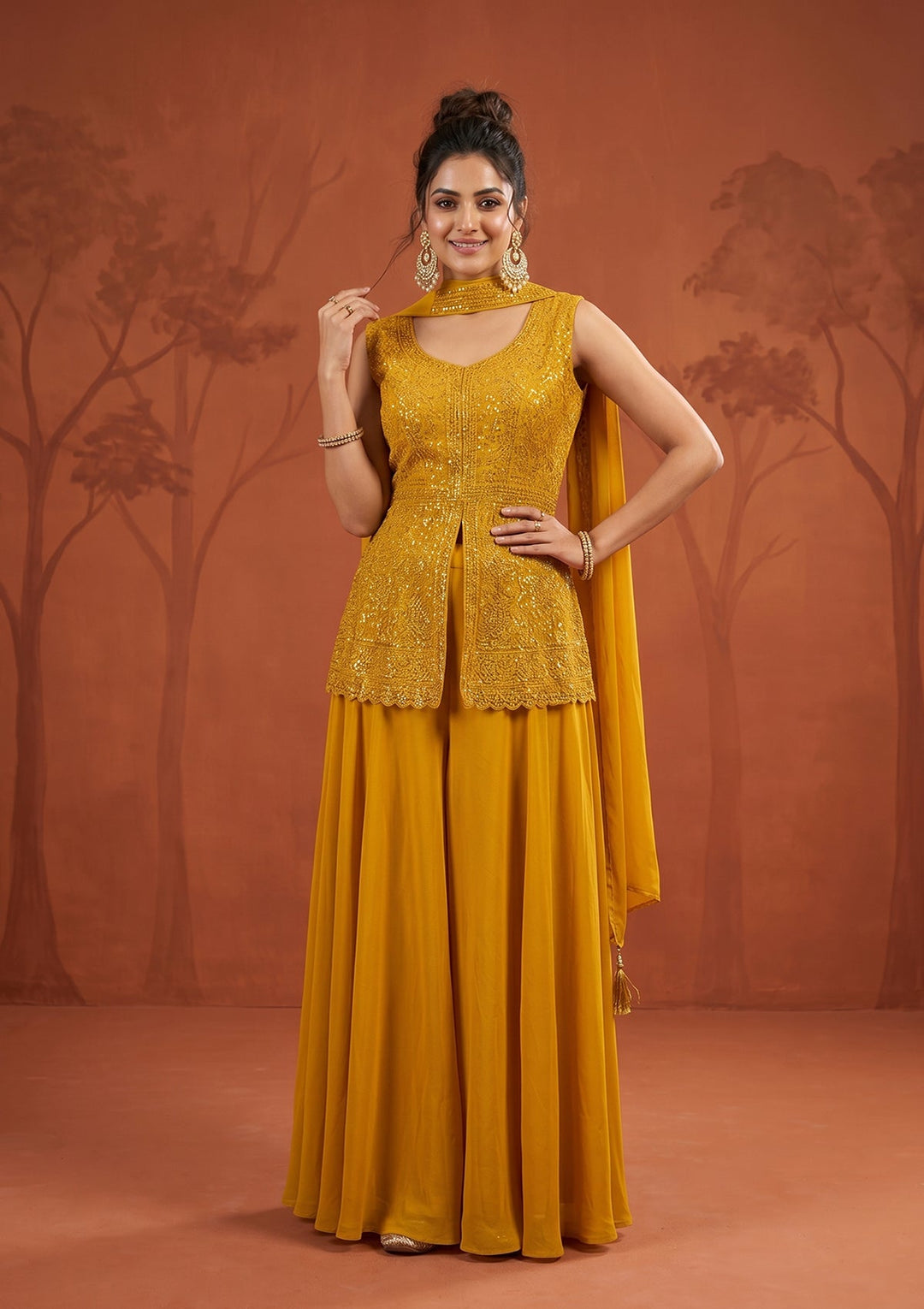 Mustard Threadwork Georgette Readymade Salwar Suit