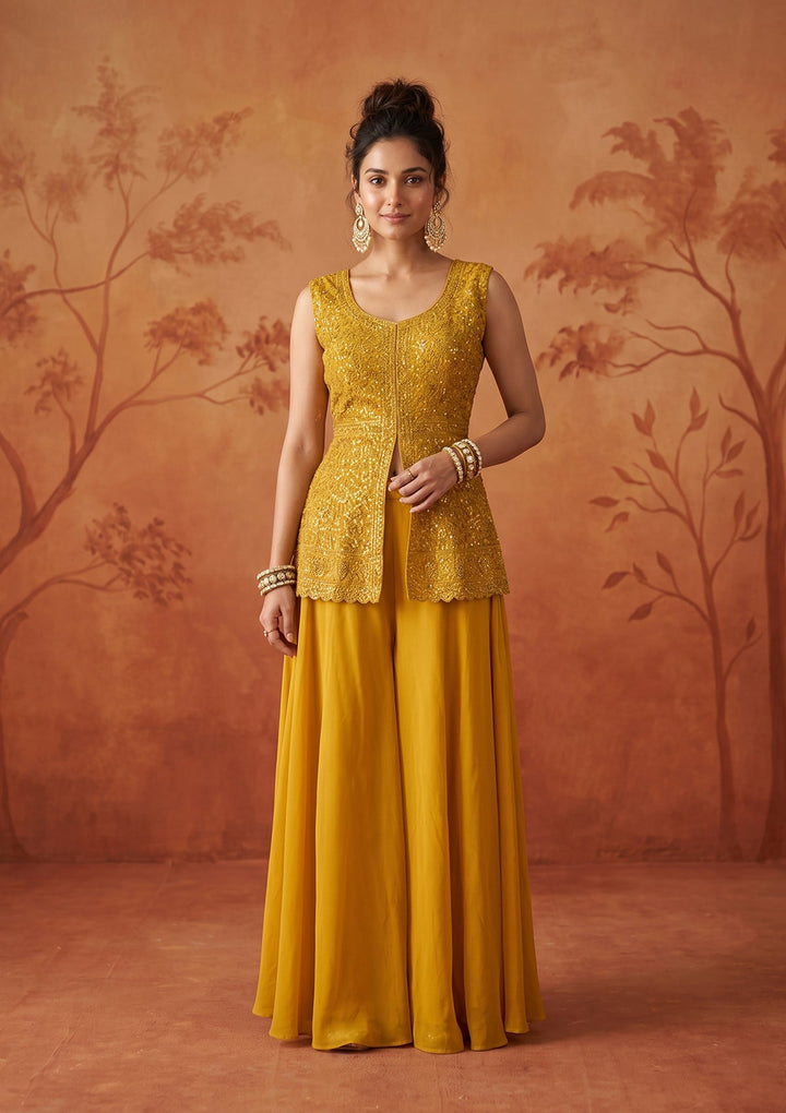 Mustard Threadwork Georgette Readymade Salwar Suit