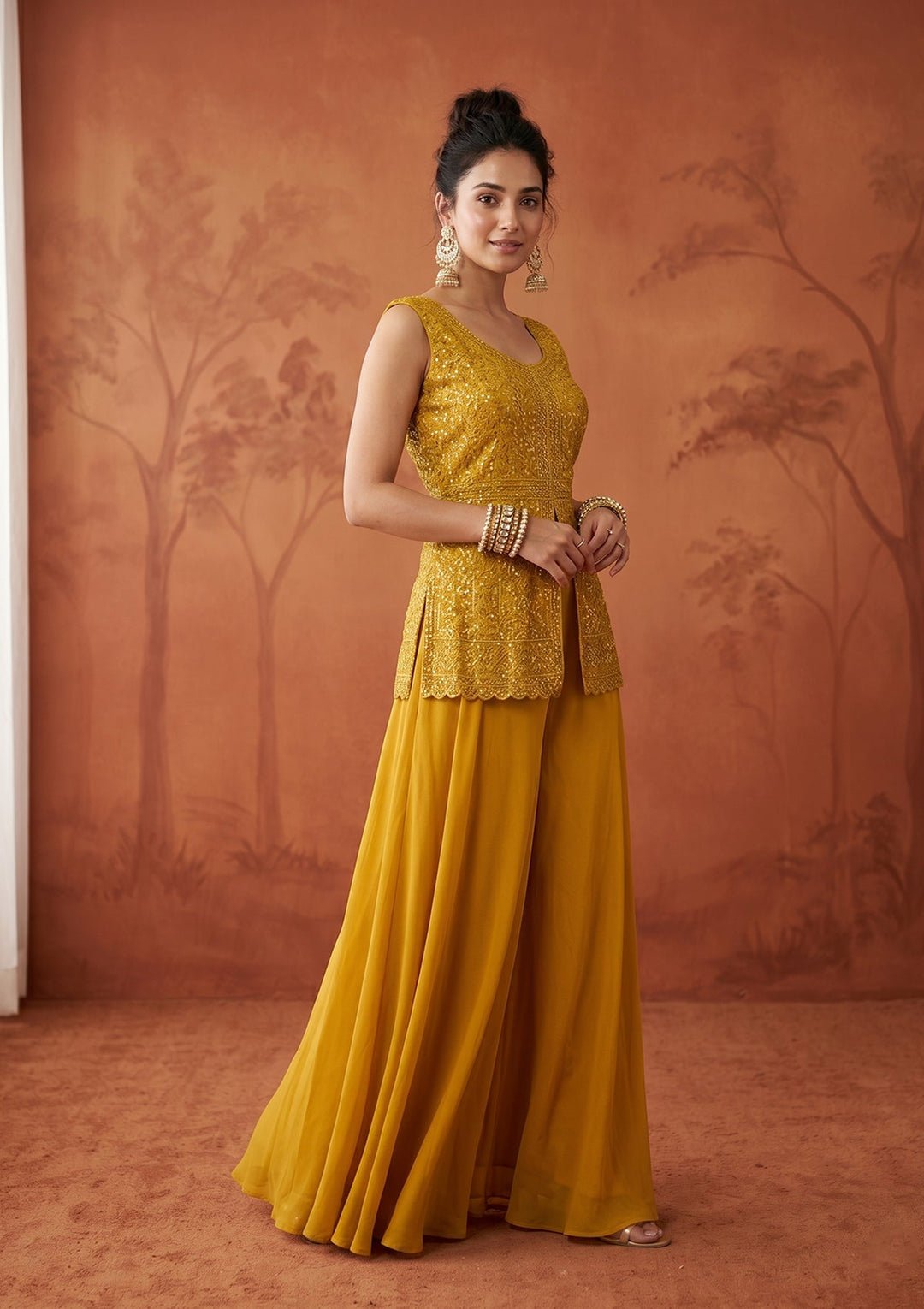 Mustard Threadwork Georgette Readymade Salwar Suit