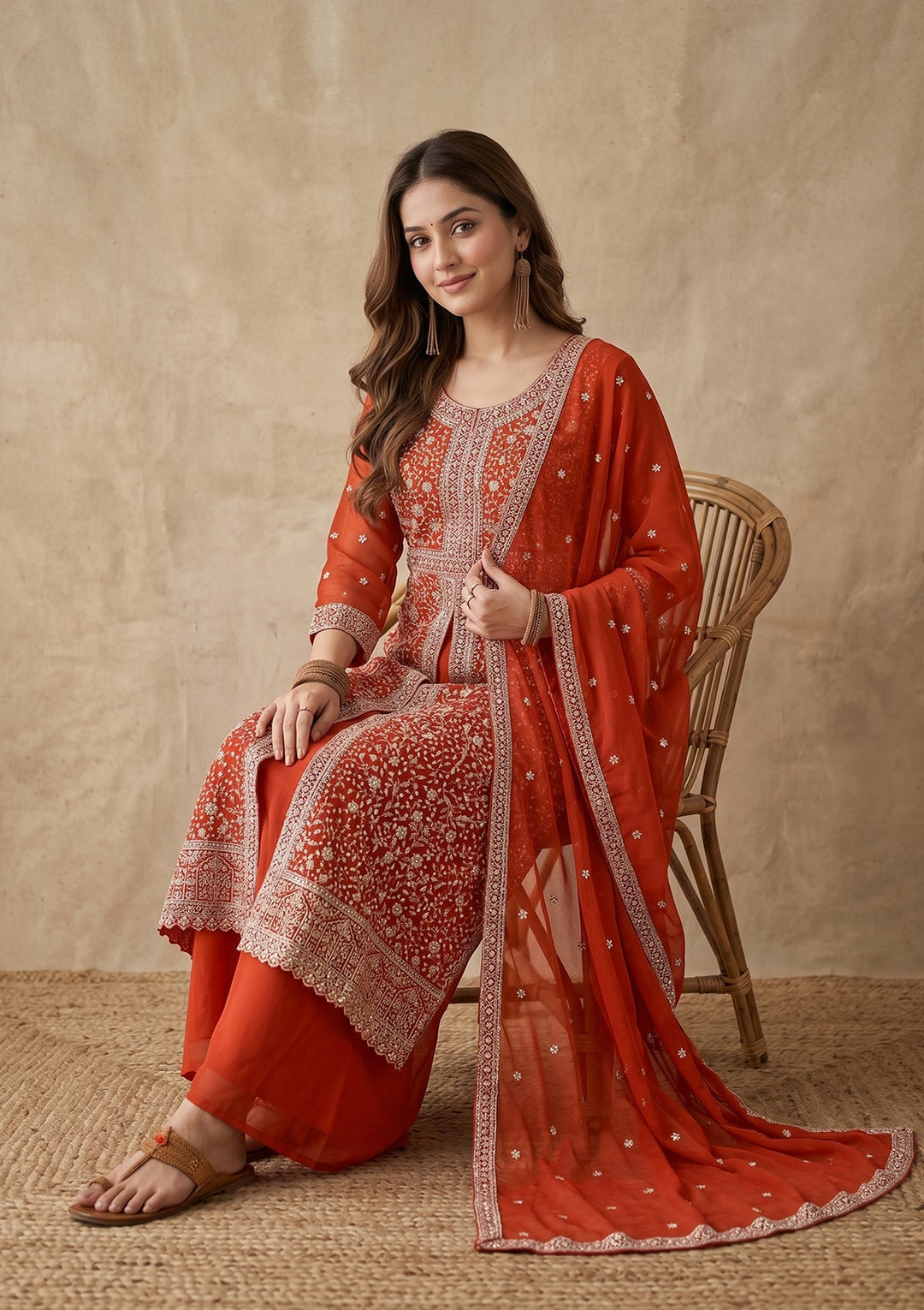 Orange Zariwork (Silver) Georgette Readymade Salwar Suit