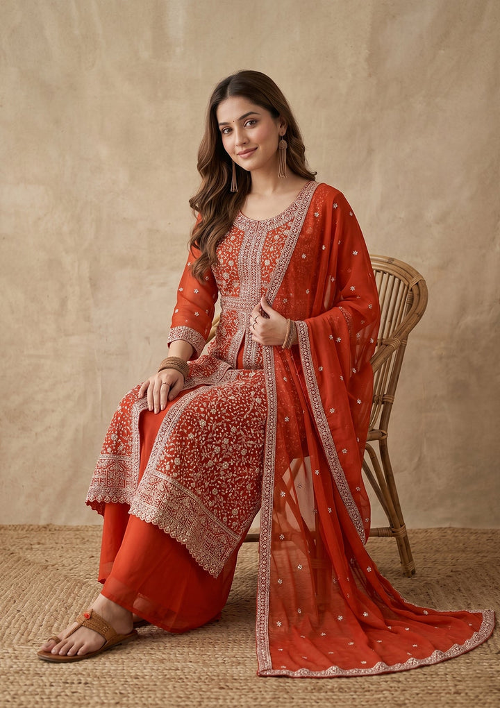 Orange Zariwork (Silver) Georgette Readymade Salwar Suit