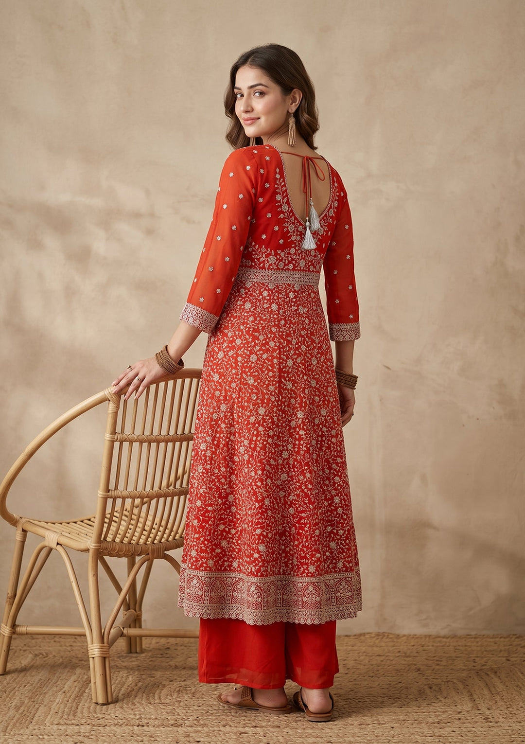 Orange Zariwork (Silver) Georgette Readymade Salwar Suit