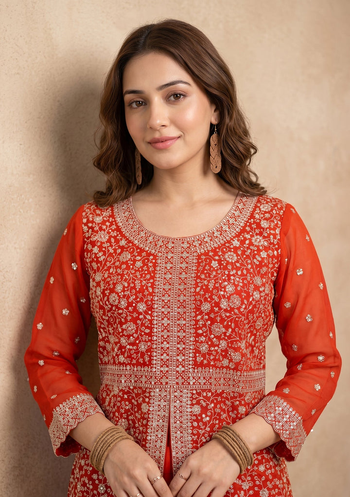 Orange Zariwork (Silver) Georgette Readymade Salwar Suit