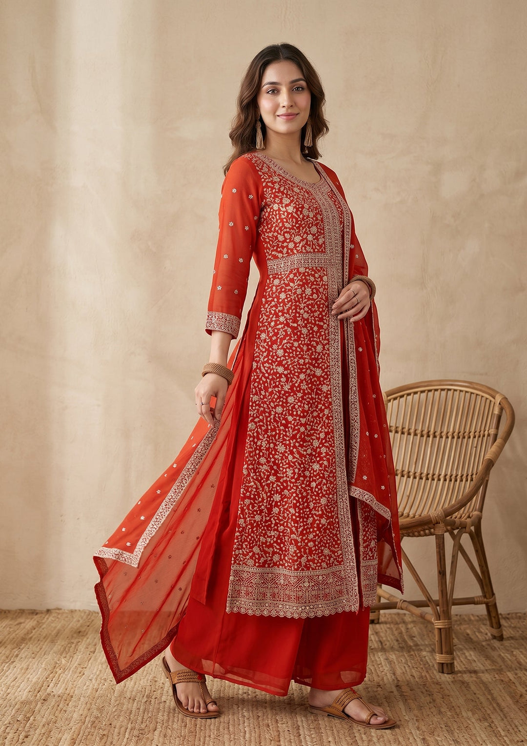 Orange Zariwork (Silver) Georgette Readymade Salwar Suit