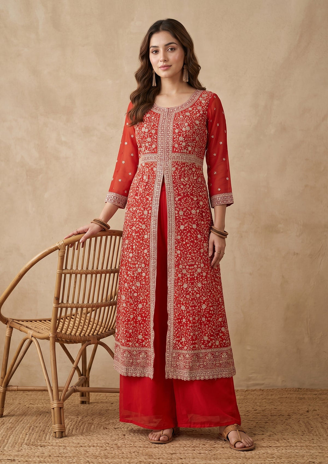 Orange Zariwork (Silver) Georgette Readymade Salwar Suit