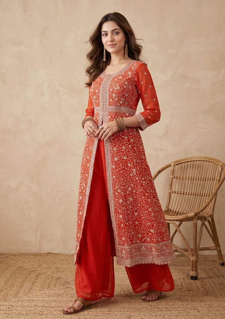 Orange Zariwork (Silver) Georgette Readymade Salwar Suit