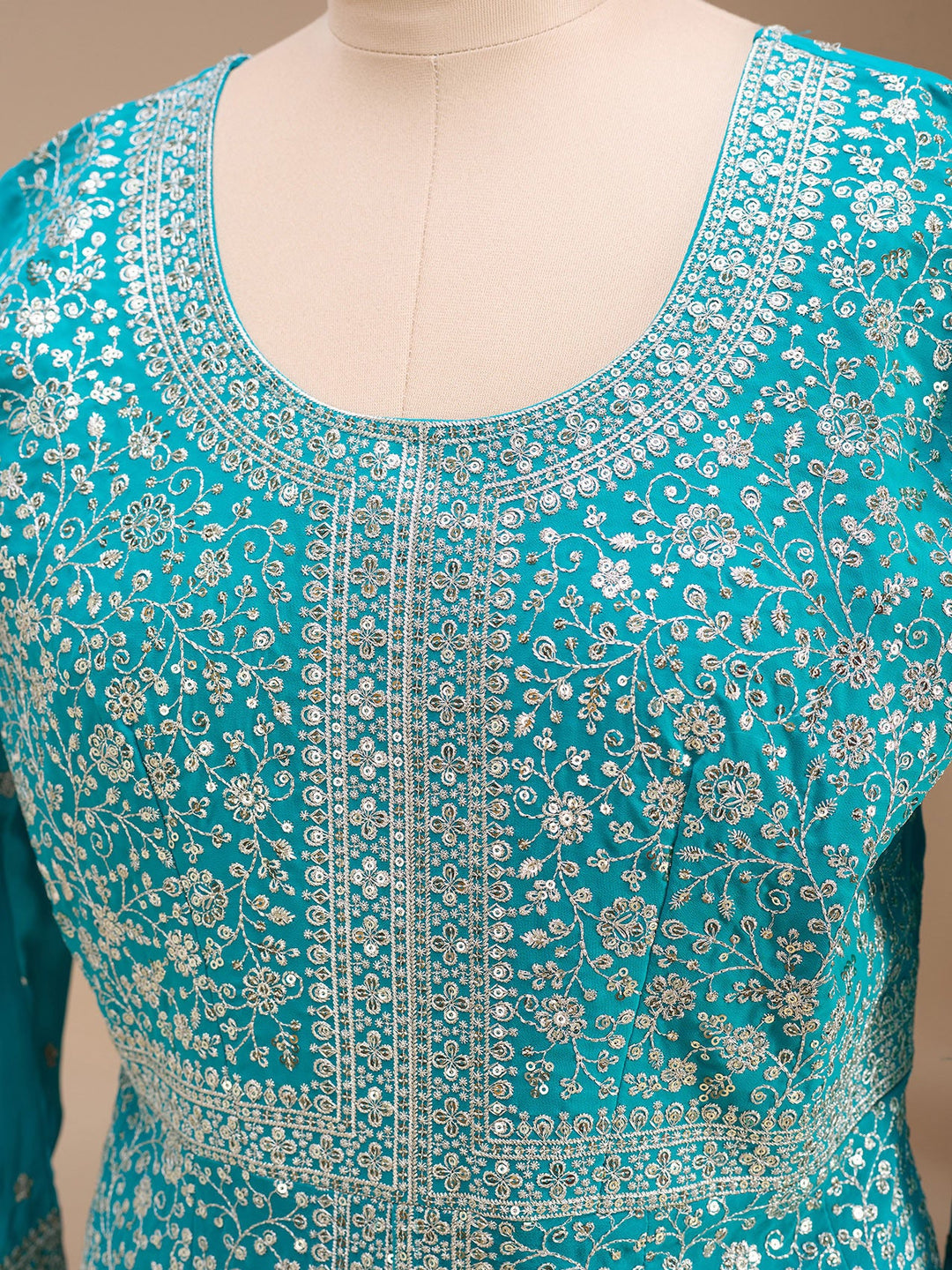 Turquoise Blue Zariwork (Silver) Georgette Readymade Salwar Suit