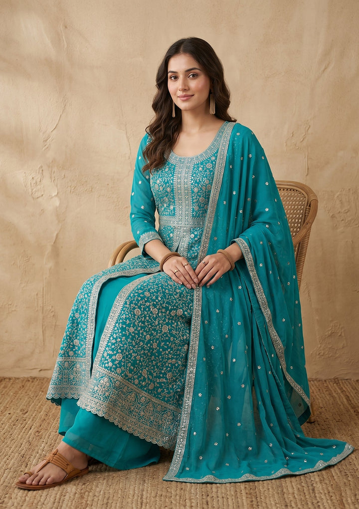 Turquoise Blue Zariwork (Silver) Georgette Readymade Salwar Suit