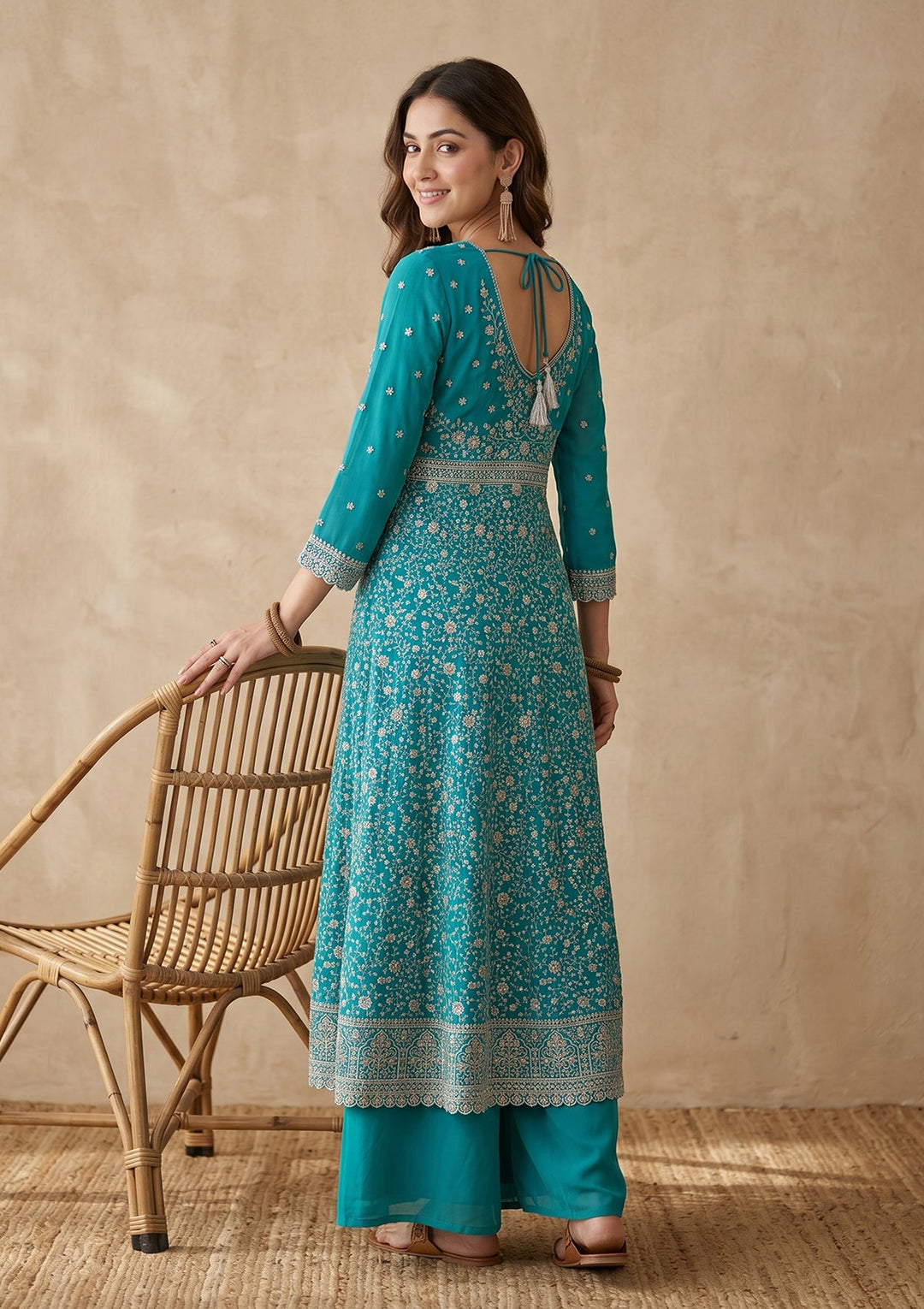 Turquoise Blue Zariwork (Silver) Georgette Readymade Salwar Suit