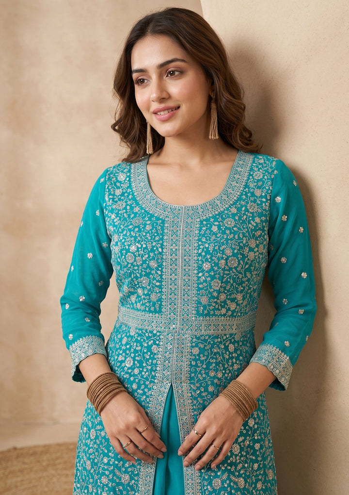Turquoise Blue Zariwork (Silver) Georgette Readymade Salwar Suit