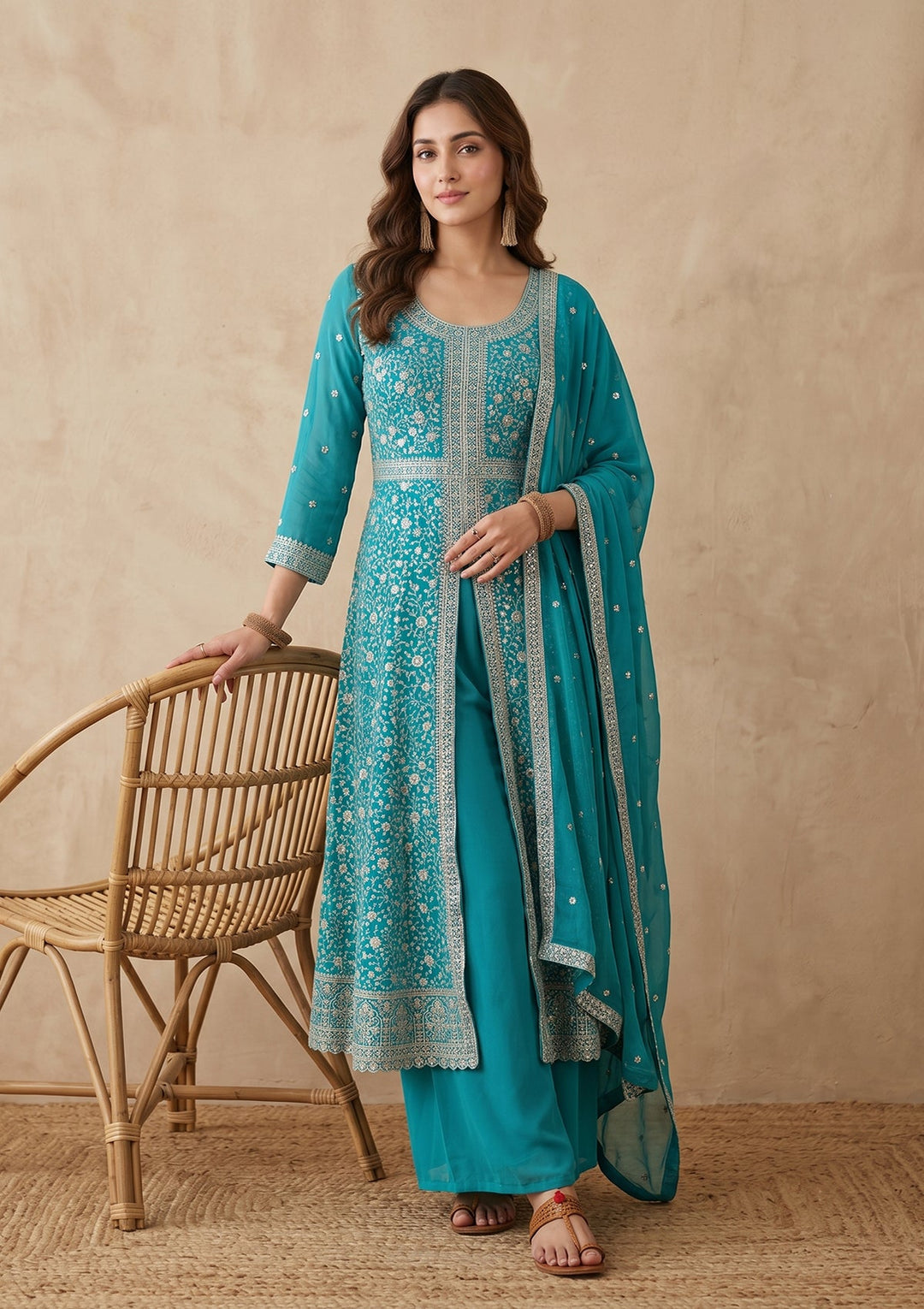 Turquoise Blue Zariwork (Silver) Georgette Readymade Salwar Suit