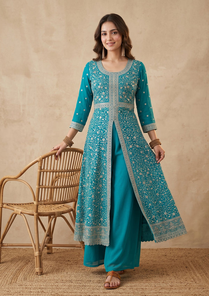 Turquoise Blue Zariwork (Silver) Georgette Readymade Salwar Suit