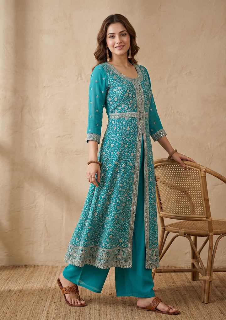 Turquoise Blue Zariwork (Silver) Georgette Readymade Salwar Suit