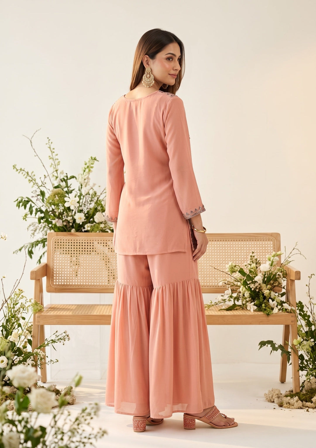 Peach Cutdana Georgette Readymade Salwar Suit