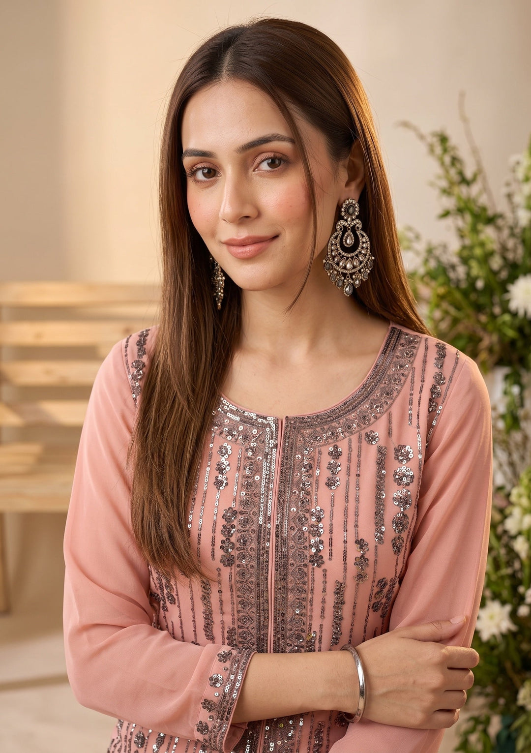 Peach Cutdana Georgette Readymade Salwar Suit
