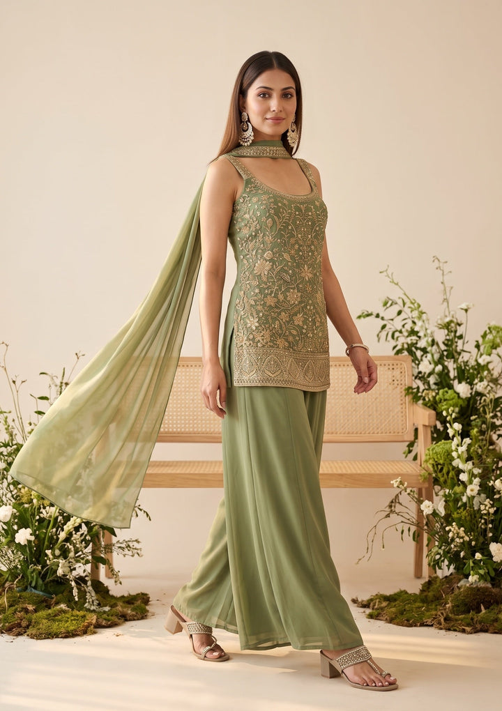 Pista Green Cutdana Georgette Readymade Salwar Suit