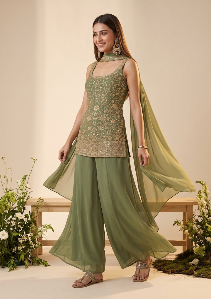 Pista Green Cutdana Georgette Readymade Salwar Suit
