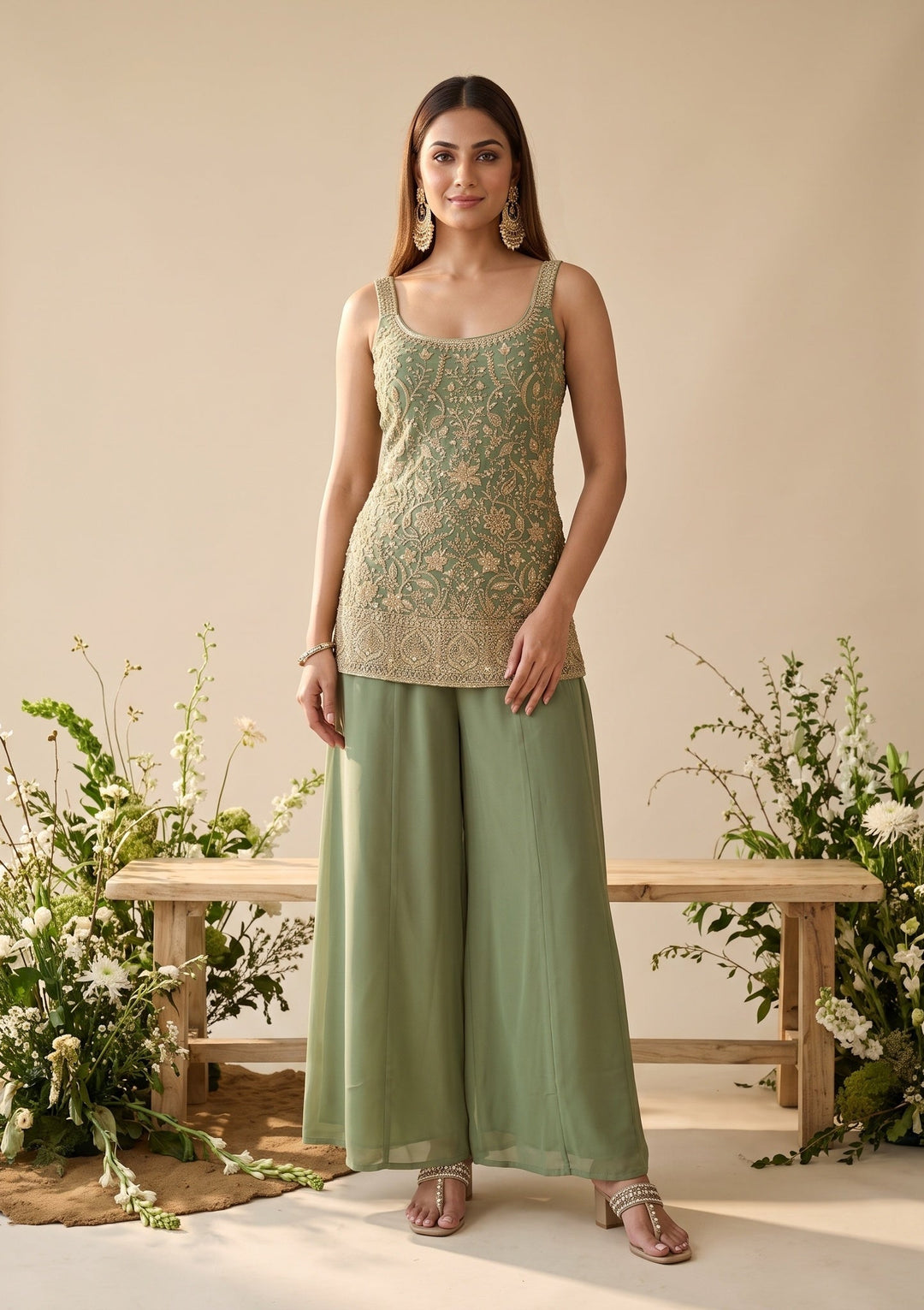 Pista Green Cutdana Georgette Readymade Salwar Suit