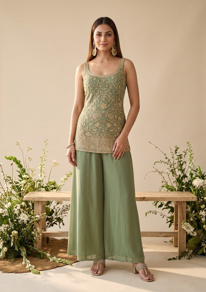 Pista Green Cutdana Georgette Readymade Salwar Suit