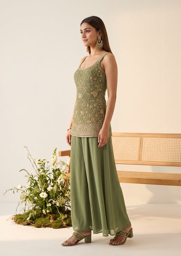 Pista Green Cutdana Georgette Readymade Salwar Suit