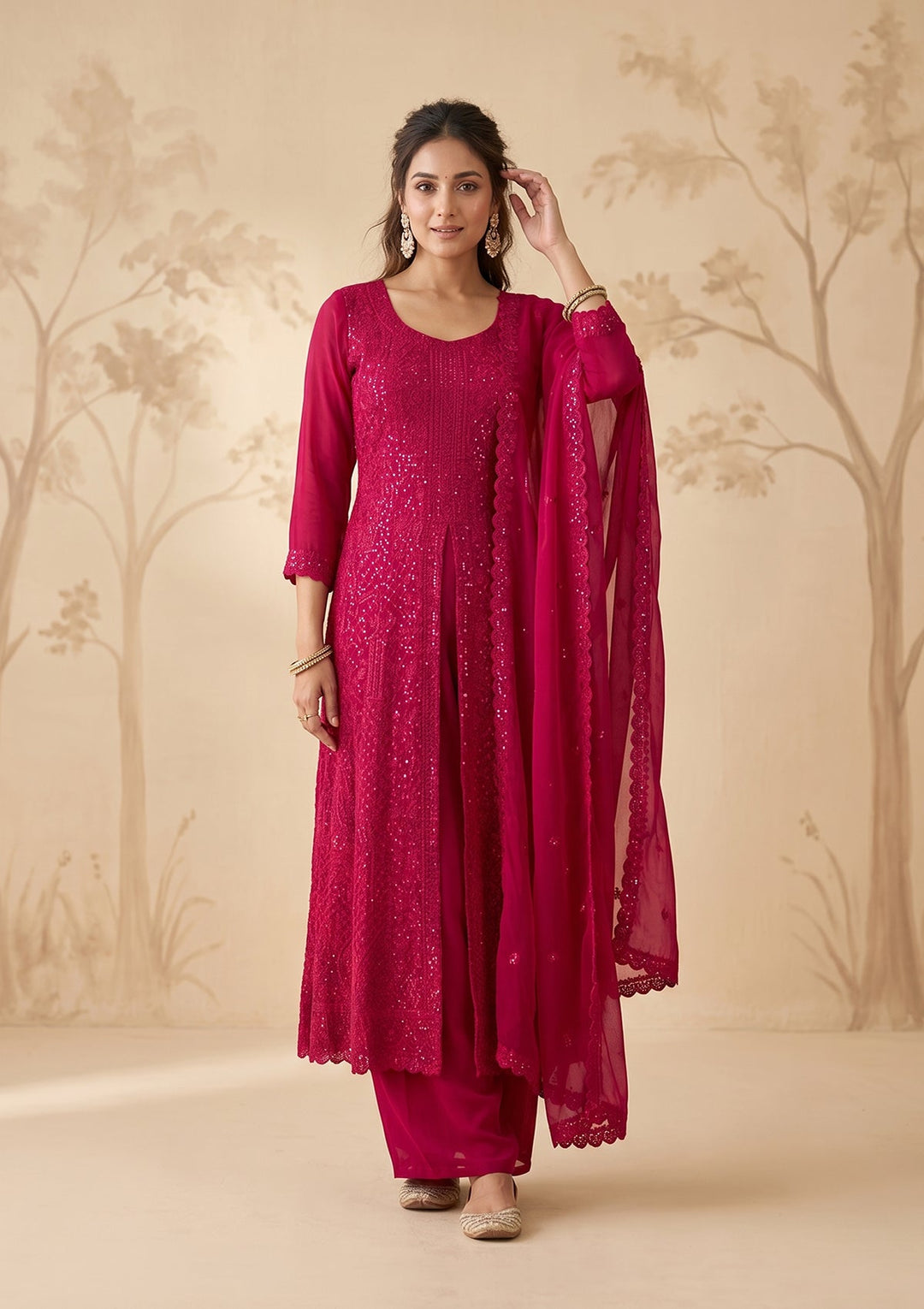 Rani Pink Threadwork Georgette Readymade Salwar Suit