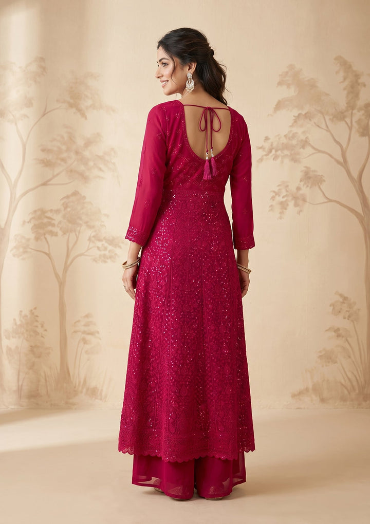 Rani Pink Threadwork Georgette Readymade Salwar Suit