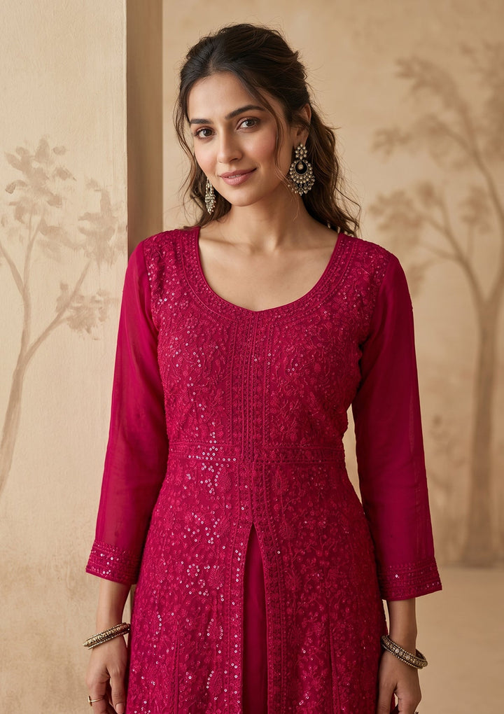 Rani Pink Threadwork Georgette Readymade Salwar Suit