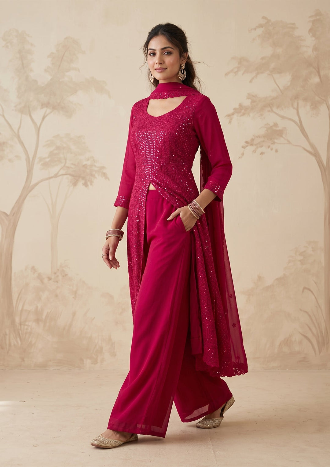 Rani Pink Threadwork Georgette Readymade Salwar Suit