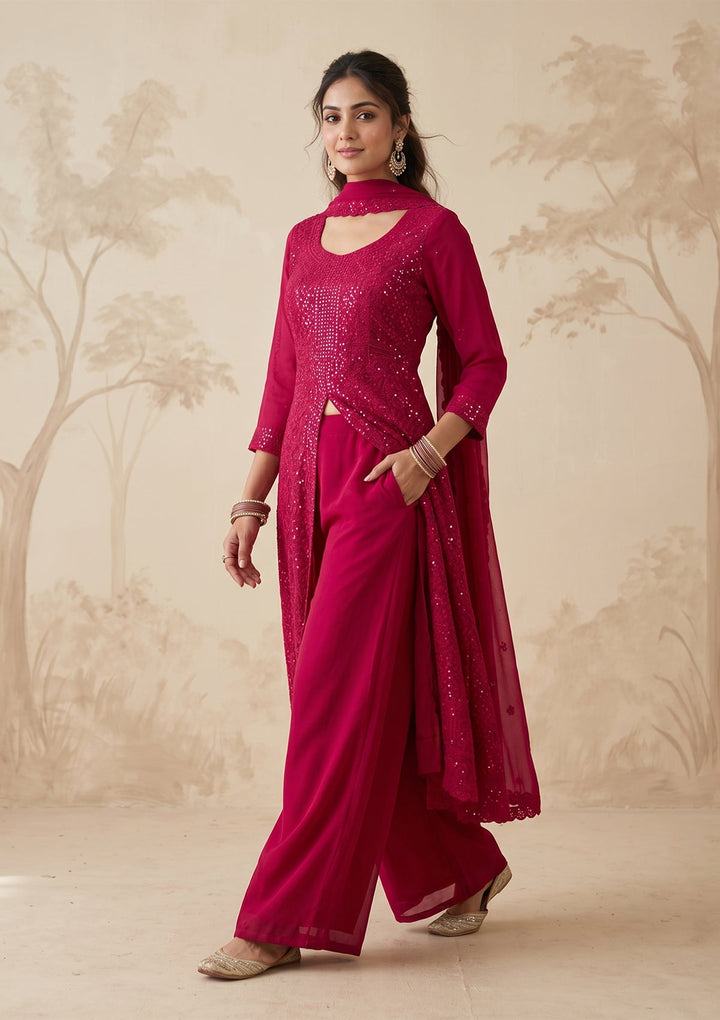 Rani Pink Threadwork Georgette Readymade Salwar Suit