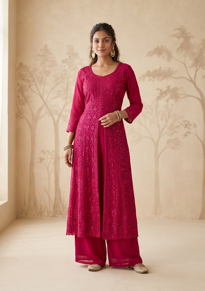 Rani Pink Threadwork Georgette Readymade Salwar Suit