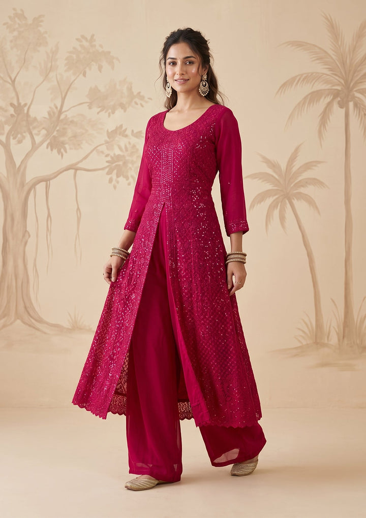 Rani Pink Threadwork Georgette Readymade Salwar Suit
