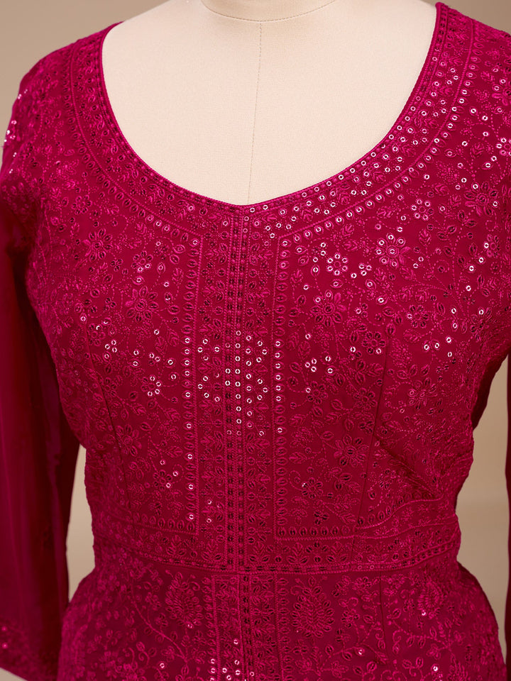 Rani Pink Threadwork Georgette Readymade Salwar Suit
