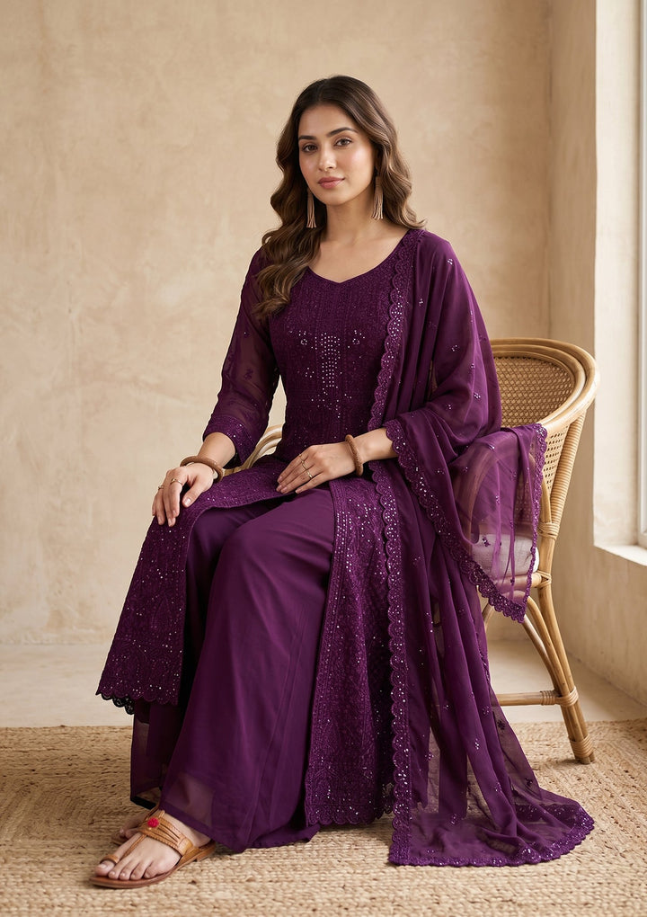 Wine Threadwork Georgette Readymade Salwar Suit
