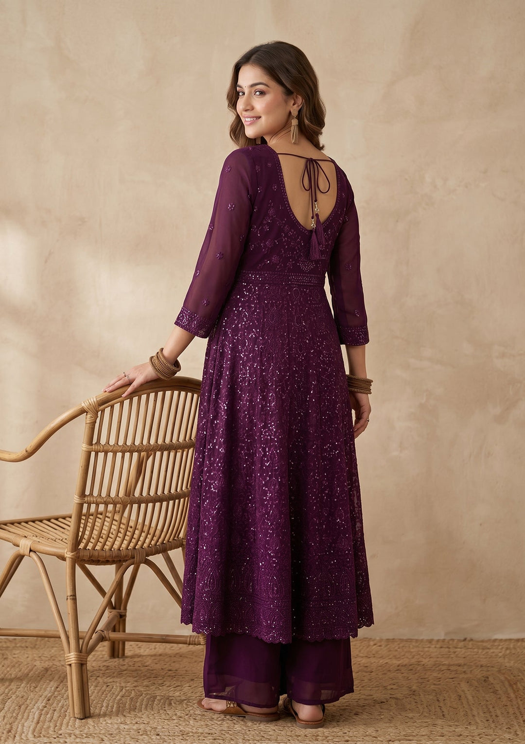 Wine Threadwork Georgette Readymade Salwar Suit
