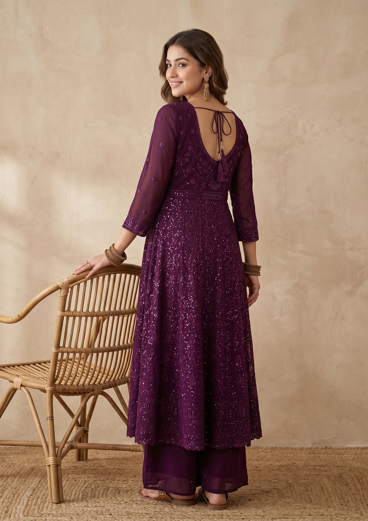 Wine Threadwork Georgette Readymade Salwar Suit