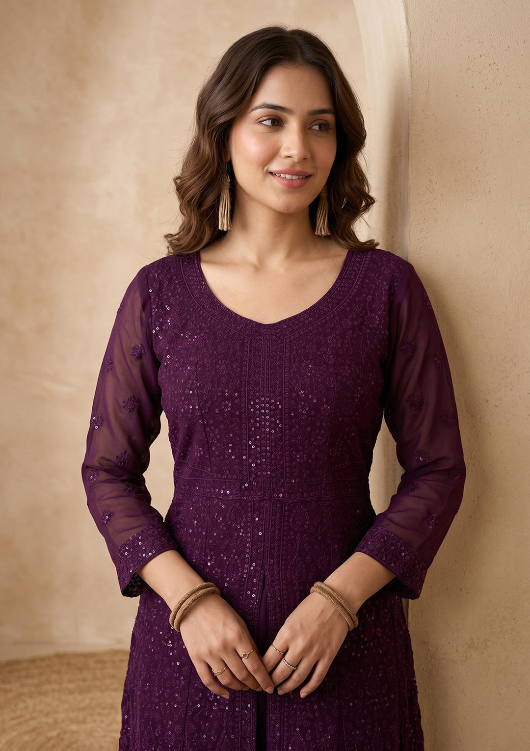 Wine Threadwork Georgette Readymade Salwar Suit