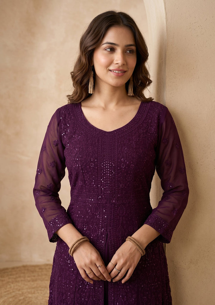 Wine Threadwork Georgette Readymade Salwar Suit