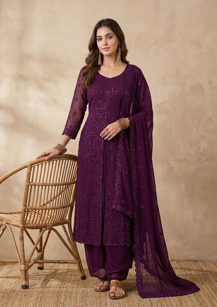 Wine Threadwork Georgette Readymade Salwar Suit