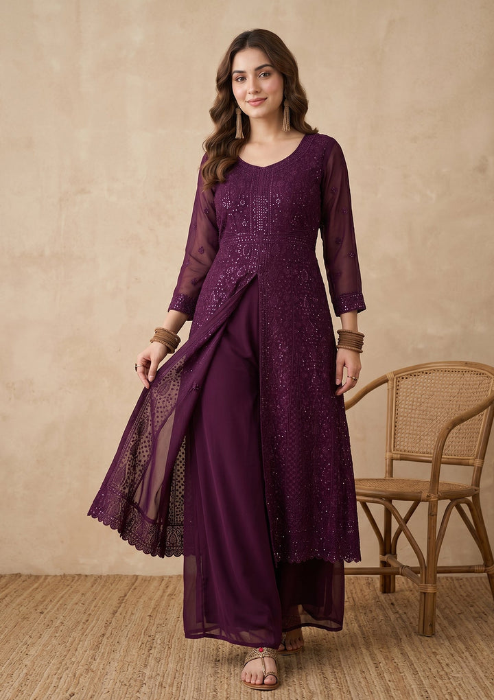 Wine Threadwork Georgette Readymade Salwar Suit