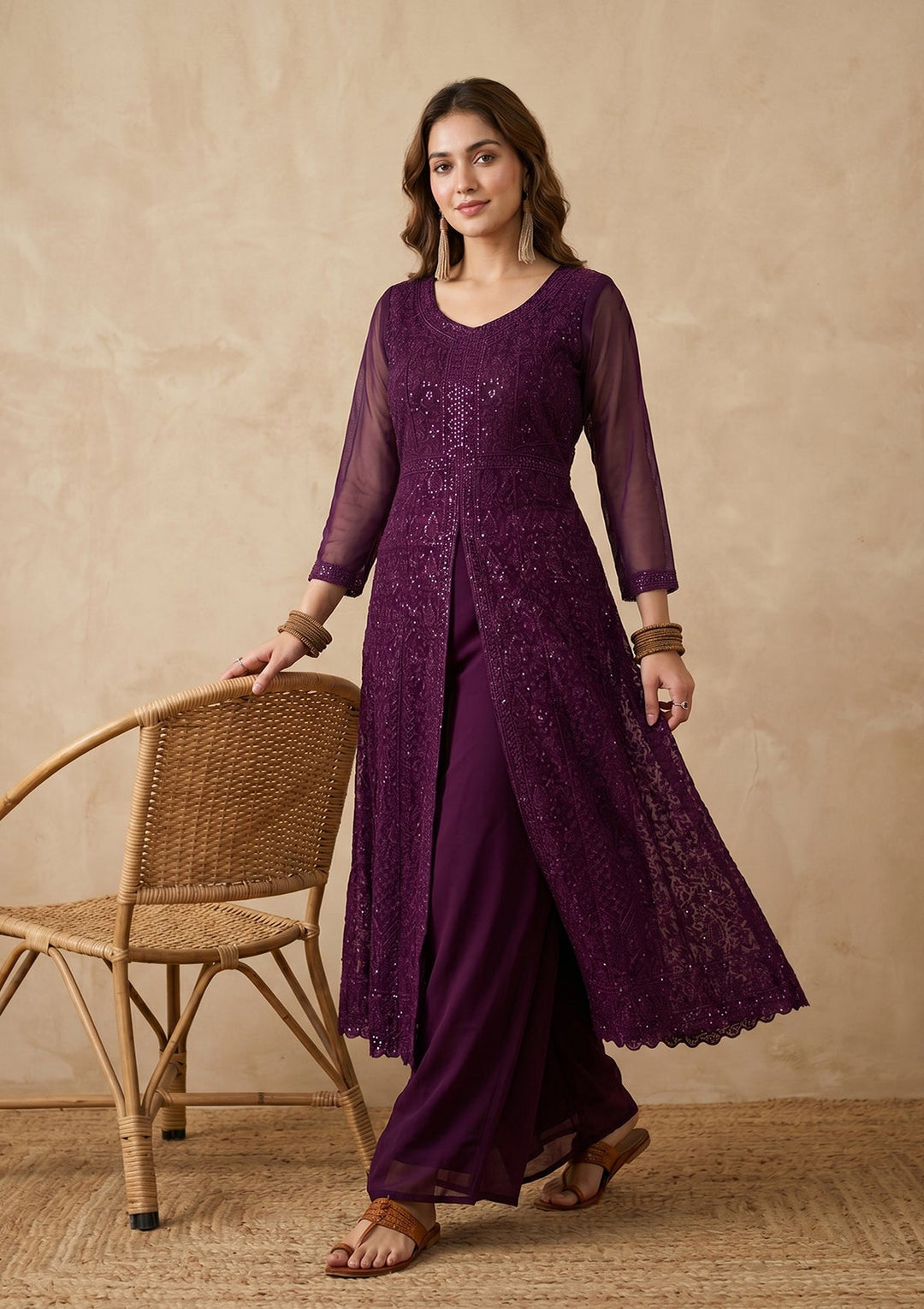 Wine Threadwork Georgette Readymade Salwar Suit