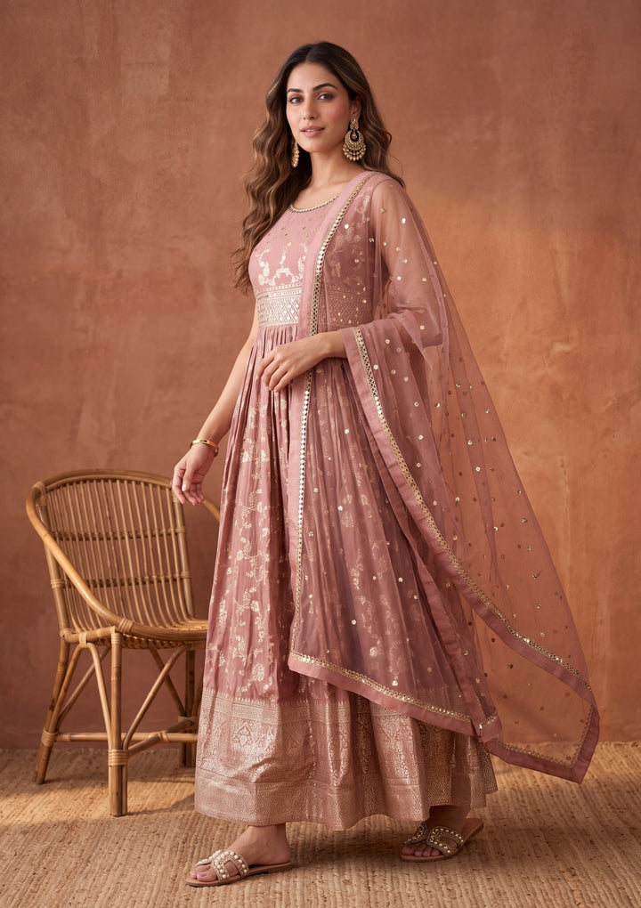 Onion Pink Mirrorwork Silk Readymade Salwar Suit