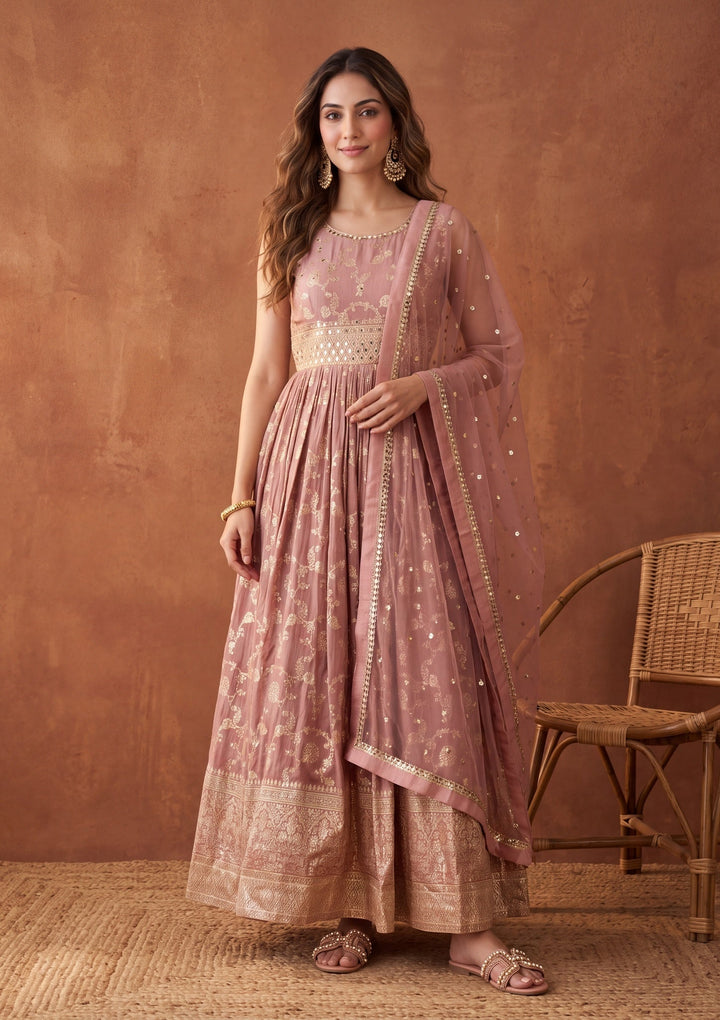 Onion Pink Mirrorwork Silk Readymade Salwar Suit