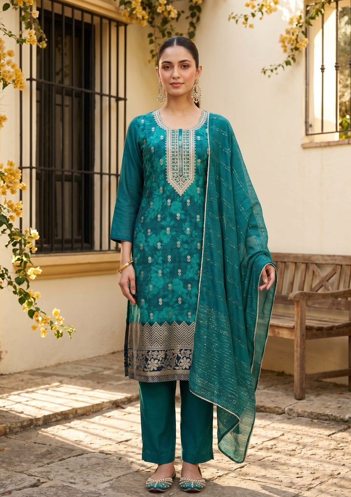 Rama Green Chanderi Floral Cording Straight Kurta With Regular Pant And Dupatta