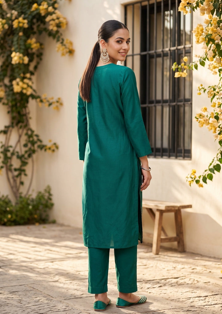 Rama Green Chanderi Floral Cording Straight Kurta With Regular Pant And Dupatta