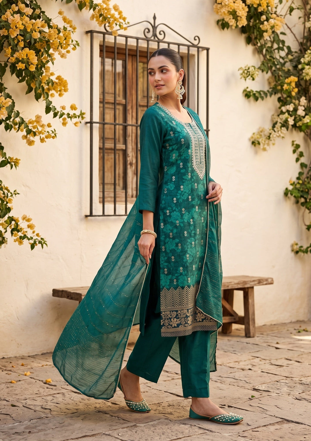 Rama Green Chanderi Floral Cording Straight Kurta With Regular Pant And Dupatta
