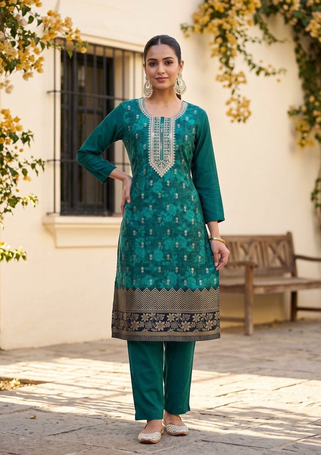 Rama Green Chanderi Floral Cording Straight Kurta With Regular Pant And Dupatta