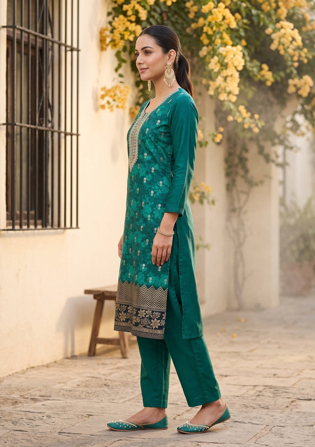 Rama Green Chanderi Floral Cording Straight Kurta With Regular Pant And Dupatta