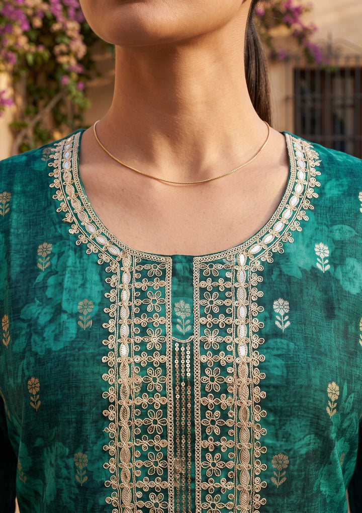 Rama Green Chanderi Floral Cording Straight Kurta With Regular Pant And Dupatta