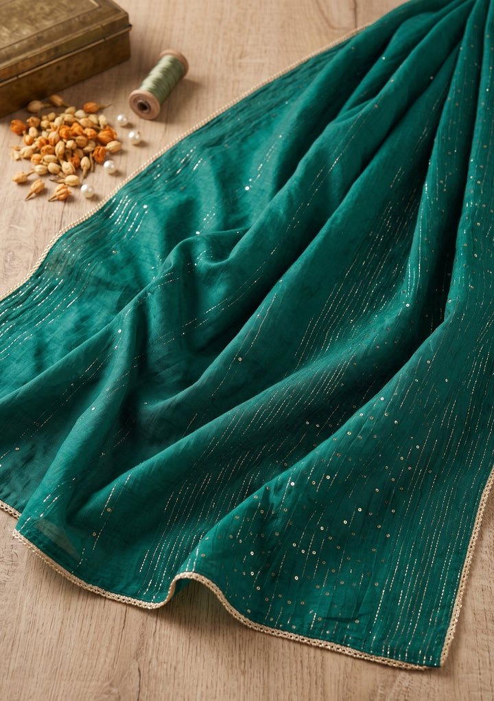 Rama Green Chanderi Floral Cording Straight Kurta With Regular Pant And Dupatta